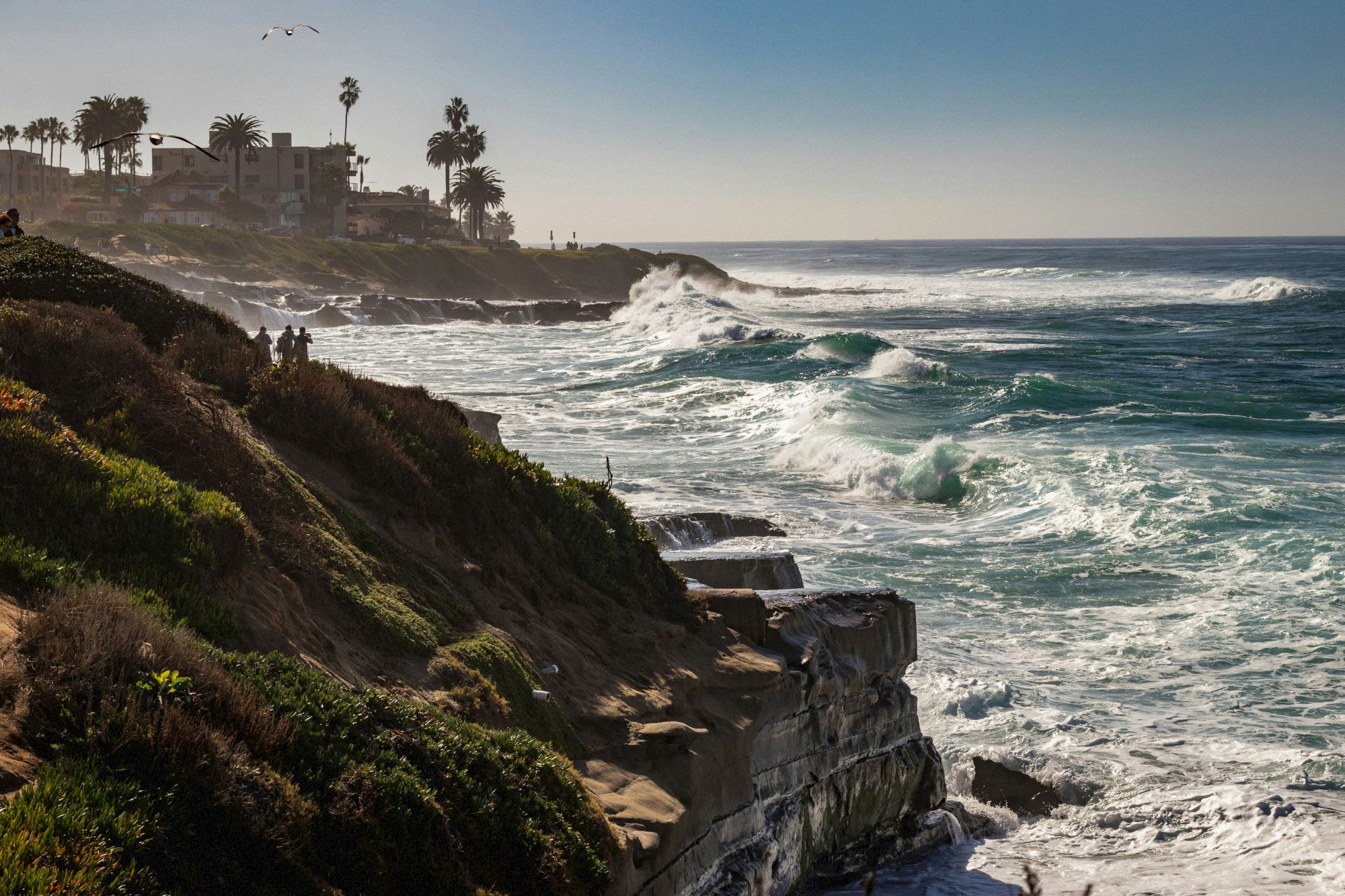 Craggy coastline with crashing waves, cliffs, and houses in the distance under a clear sky. It ends with a period.